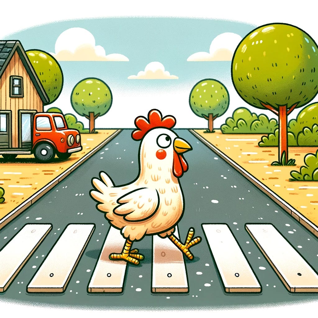 Image of a chicken crossing the road.