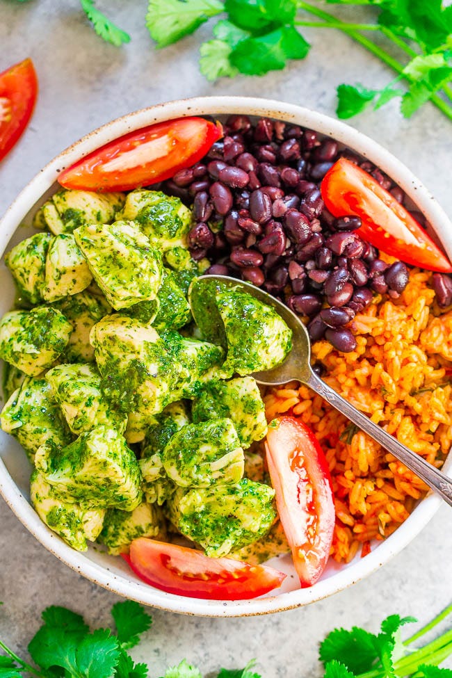 20-Minute Cilantro Chicken, Rice, and Beans — EASY, healthy, and the fresh cilantro sauce is SO good!! The chicken is juicy, loaded with flavor, and along with the rice and beans and you'll be SATISFIED for hours!! 20-Minute Cilantro Chicken, Rice, and Beans — EASY, healthy, and the fresh cilantro sauce is SO good!! The chicken is juicy, loaded with flavor, and along with the rice and beans and you'll be SATISFIED for hours!!