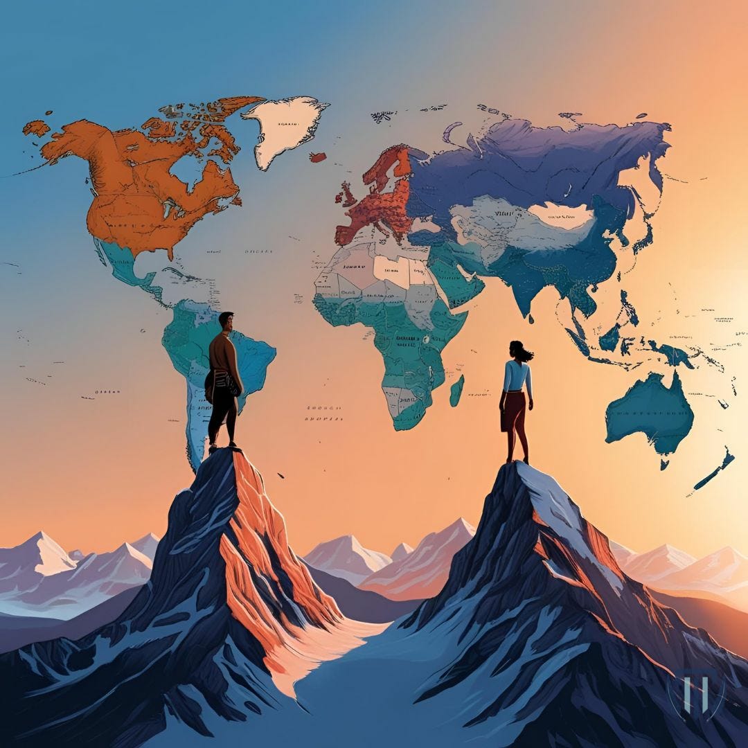 World map with man and woman far away from each other on top. World map with man and woman far away from each other on top.