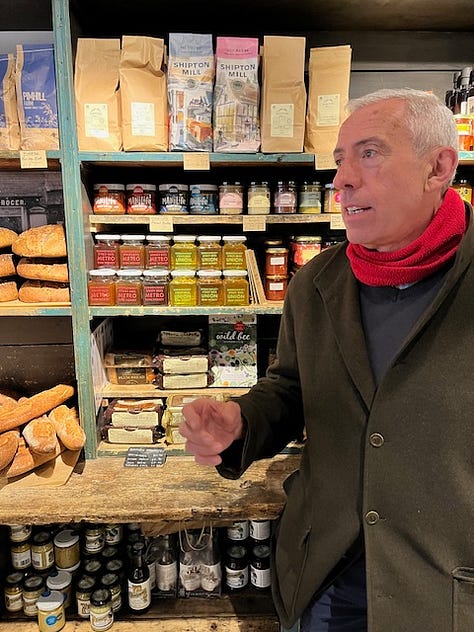 Six images, with a man holding a honey jar, a book and two women portraits and a shot of a shelf of honey jars