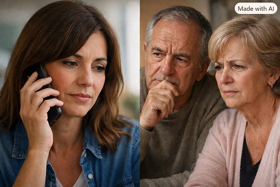 Image coupée en deux : Maria au téléphone et ses parents inquiets Image coupée en deux : Maria au téléphone et ses parents inquiets