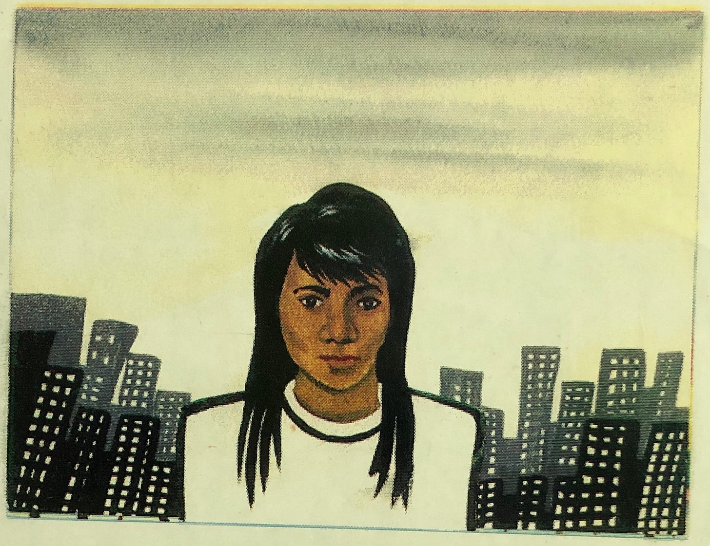 Self portrait by Angeline Acain with city skyline.