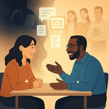 An illustration titled 'Transparency dissolving conflict and mistrust in the workplace'. Two people sit across a table, engaged in open, honest conversation. Their body language is relaxed, faces attentive, with no signs of confrontation. A soft, glowing light envelops the scene, symbolizing transparency and clarity, gently erasing a shadowy barrier that previously divided them. In the background, a group of colleagues observes with visible relief and trust. Emails, messages, and meeting notes float transparently between them, representing open information sharing. The overall mood is constructive, safe, and collaborative; evil and insecurity fade away under the light of transparency. Style is modern, clean, and suitable for a professional blog—focus on clarity, action, and the power of open communication.