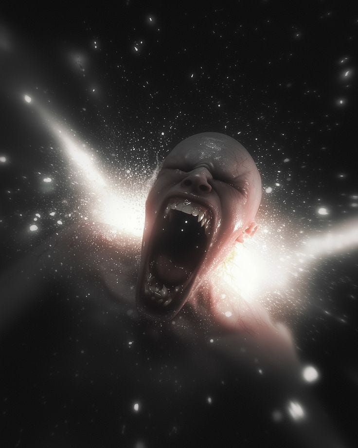 This may contain: an image of a person screaming in the air with their mouth open and lights coming out