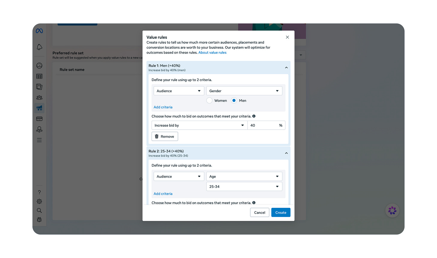 Setting up value rules in Meta ads manager, bidding 40% higher on men and 40% higher on the 25-34 age group to prioritize higher lifetime-value B2B SaaS audience segments.