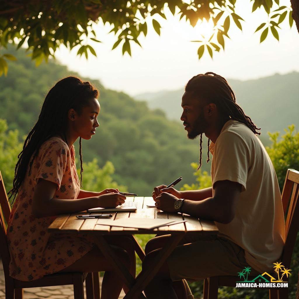 Mixed-race, light-skinned young Jamaican couple with dreadlocks, sitting on a scenic outdoor patio overlooking the lush Jamaican hills, intently studying financial documents and laptops, surrounded by notebooks and pens, as they work together to finance their first real estate investment property in Jamaica, warm sunlight casting a golden glow on their determined faces, cinematic film grain and subtle vignette adding a sense of intimacy and realism, color graded to evoke a sense of hope and optimism, with a shallow depth of field and cinematic lighting that highlights their focused expressions