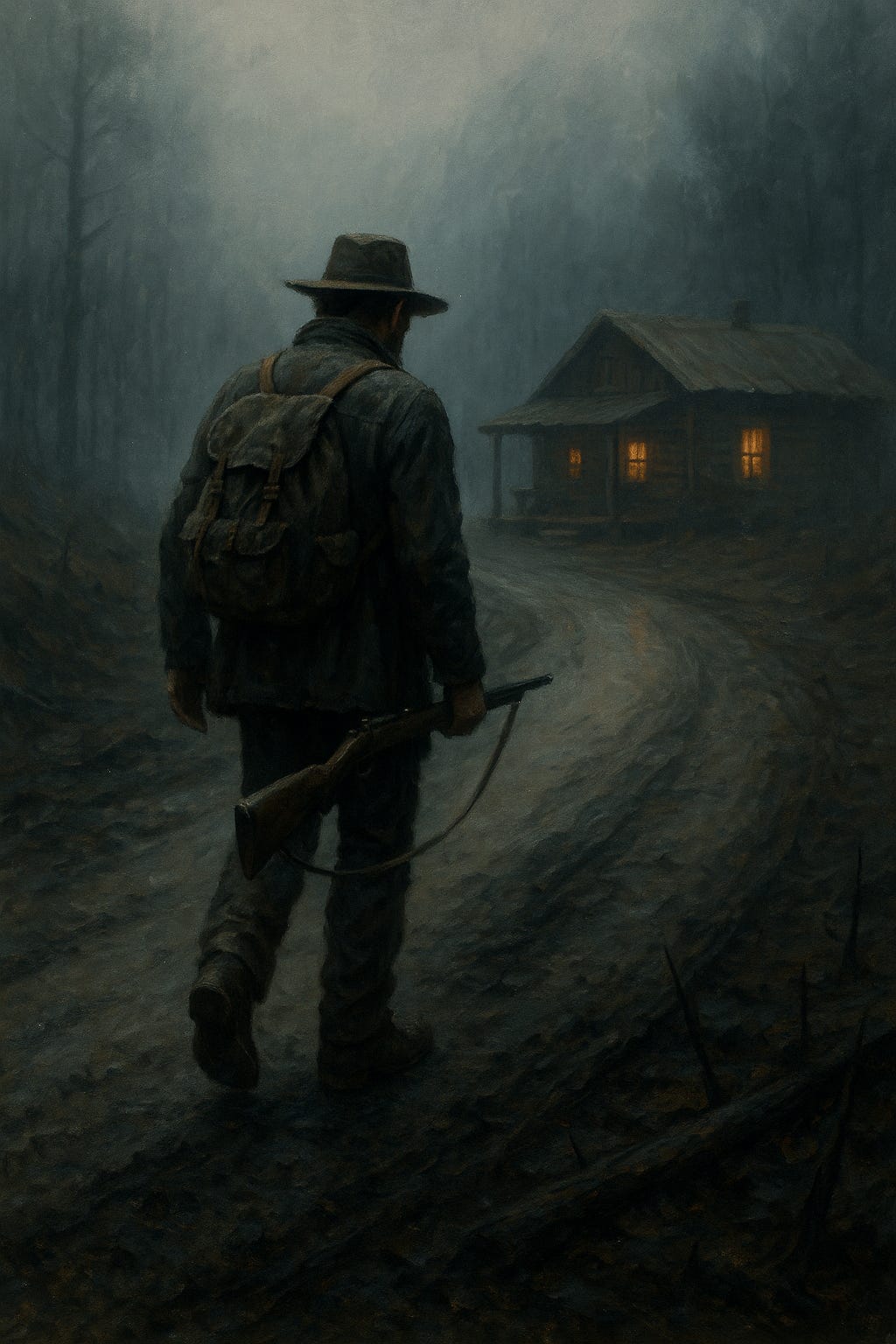 The Black Pine bunkhouse—warm windows in the fog, the promise of bread, whiskey, and a nA tired wooden bunkhouse leans slightly under gray skies, warm light glowing in two small windows. Fog hangs over a quiet mountain town as night settles in.ight without ghosts.