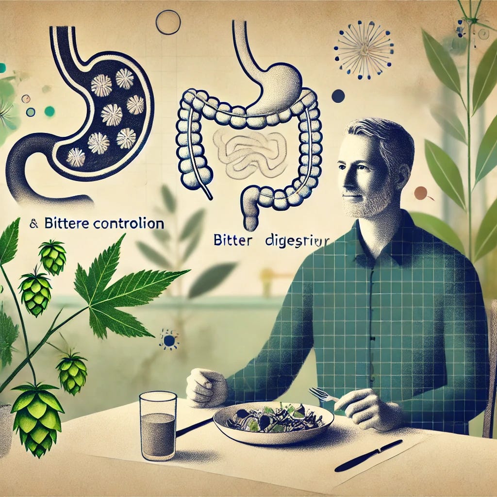 A detailed, professional-style illustration showing a person sitting at a dining table with a healthy meal, but looking satisfied and not hungry. In the background, there are stylized representations of a bitter hop plant and abstract gastrointestinal elements symbolizing digestion. The overall atmosphere is calm and focused on appetite control and health, with soft lighting and muted colors emphasizing balance and well-being.