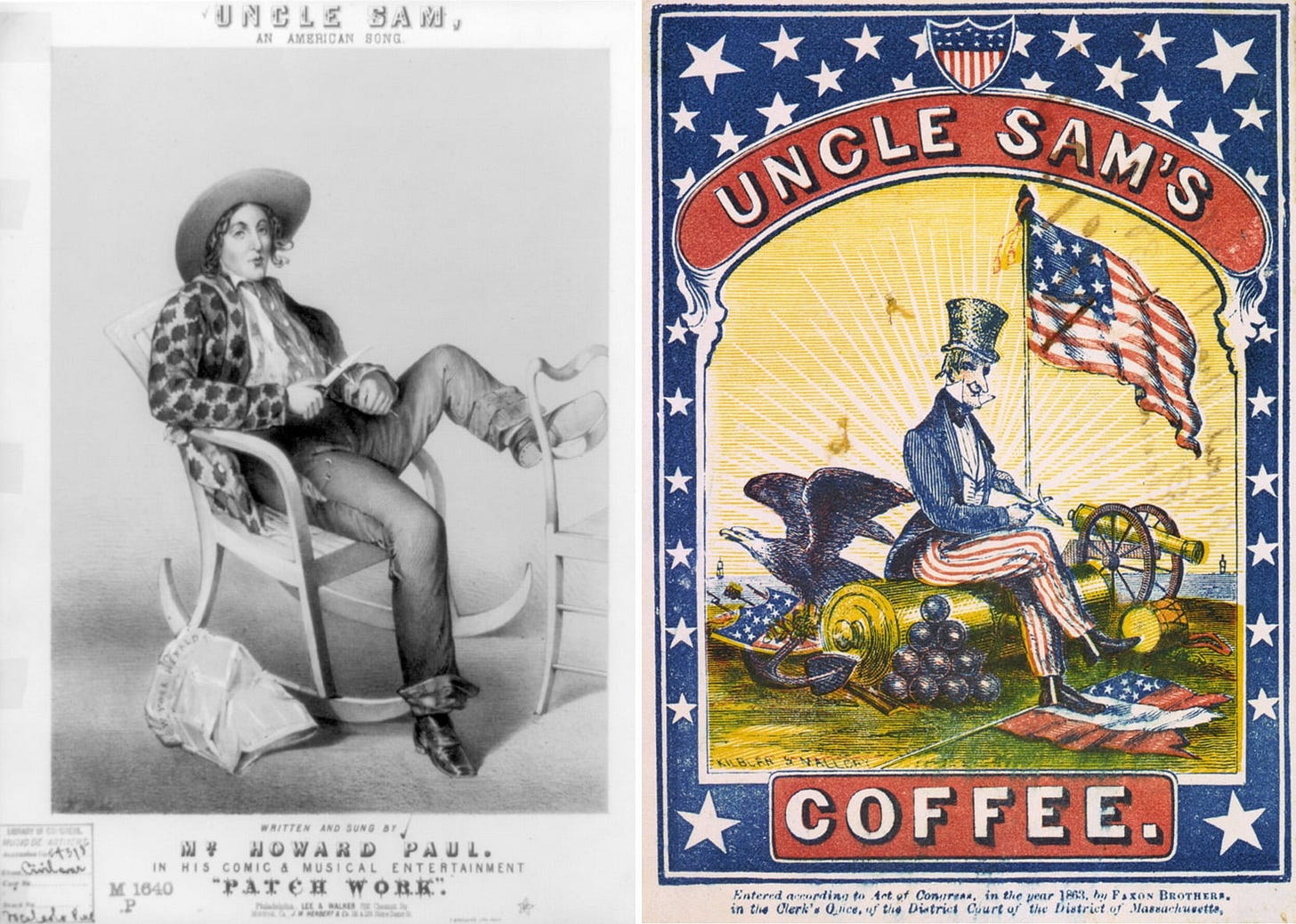 a black and white sketch of uncle sam and a color illustration on a coffee label a black and white sketch of uncle sam and a color illustration on a coffee label