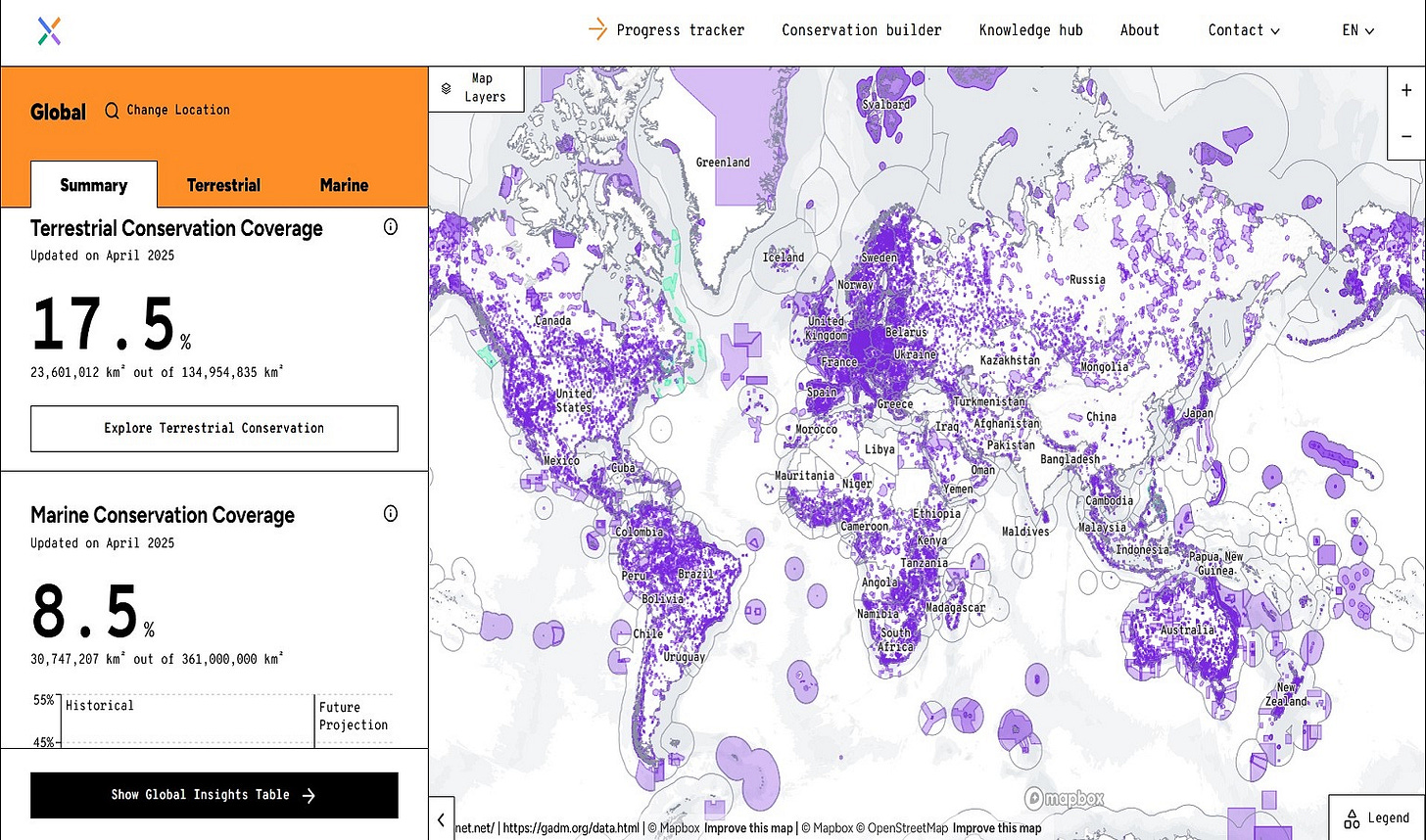 The 30x30 Progress Tracker tool shows how the global movement to protect 30% of the world’s lands and waters by 2030 is progressing — with around 17% of global land and inland waters, and 8% of oceans currently protected.