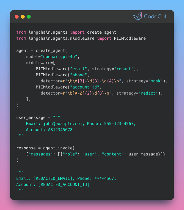Code example: LangChain v1.0: Auto-Protect Sensitive Data with PIIMiddleware
