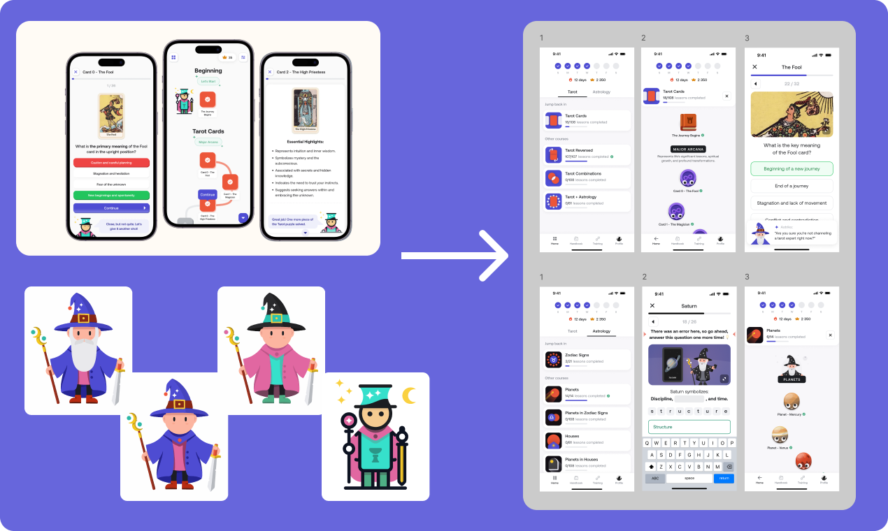 App screens and a layout grid beside character illustrations of the wizard mascot. App screens and a layout grid beside character illustrations of the wizard mascot.
