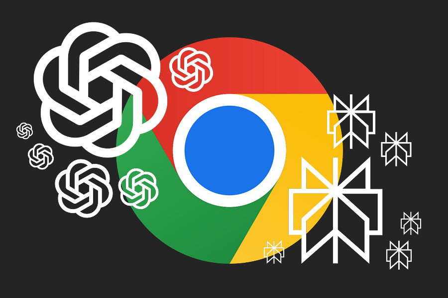 Imagem do logotipo do Google Chrome ao centro, com o símbolo da OpenAI (hexágonos interconectados) à esquerda e ícones da Perplexity (formas geométricas em asterisco) à direita, sobre fundo preto, representando a competição entre empresas de IA pelo controle do navegador. Imagem do logotipo do Google Chrome ao centro, com o símbolo da OpenAI (hexágonos interconectados) à esquerda e ícones da Perplexity (formas geométricas em asterisco) à direita, sobre fundo preto, representando a competição entre empresas de IA pelo controle do navegador.