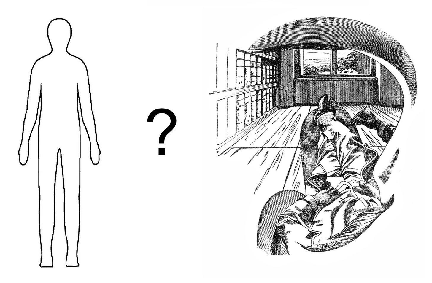 An outline of a human body, and physicist Ernst Mach’s “self-portrait” from the first-person perspective - a good illustration of the puzzle facing materialists An outline of a human body, and physicist Ernst Mach’s “self-portrait” from the first-person perspective - a good illustration of the puzzle facing materialists
