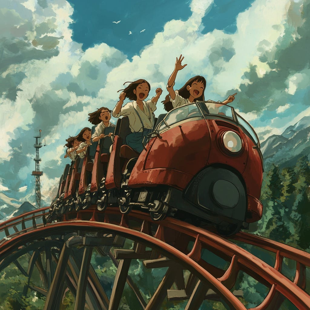 A group of young women riding a roller coaster with joyous expressions on their faces
