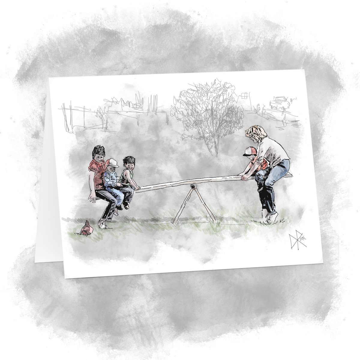 Young folk and babies having fun at the park on a seesaw. Sketch art by Don Rice.