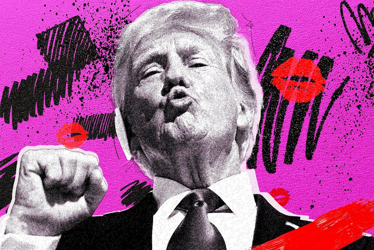 A photo illustration of Donald Trump making a kissing gesture in a Mean Girls inspired Burn Book style.