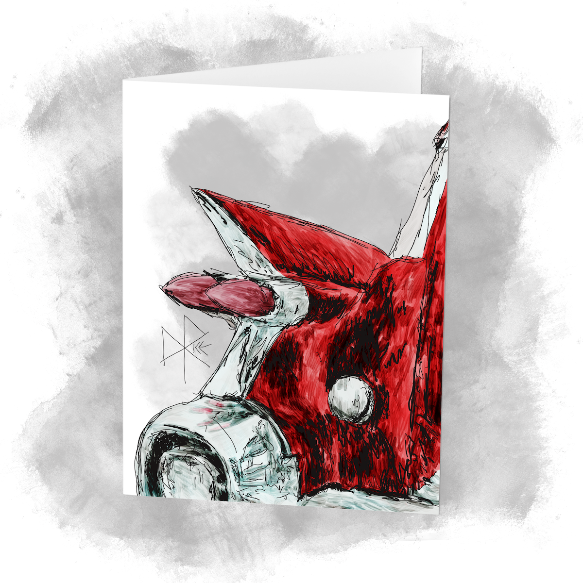 Close-up of tail lights and chromed trim of a red 1959 Cadillac station wagon. Sketch art by Don Rice. Close-up of tail lights and chromed trim of a red 1959 Cadillac station wagon. Sketch art by Don Rice.