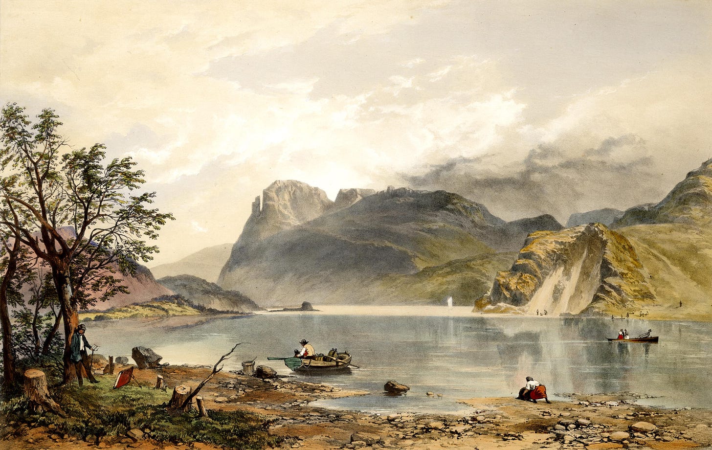 lake, boatman, mountain with rock pillar on left edge