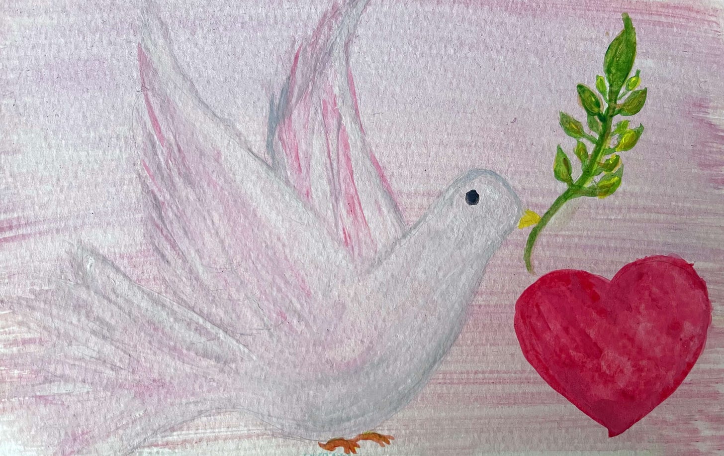 Watercolor painting Claire made of a dove wings outstretched holding an olive branch in its beak with a heart next to it on a light pink background with a bit of pink and gray on the dove's body for wing texture and orange for the beak and feet. Watercolor painting Claire made of a dove wings outstretched holding an olive branch in its beak with a heart next to it on a light pink background with a bit of pink and gray on the dove's body for wing texture and orange for the beak and feet.