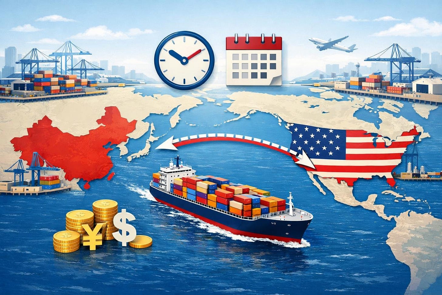 A world map showing a cargo ship traveling from China to the USA with icons representing shipping time and cost.