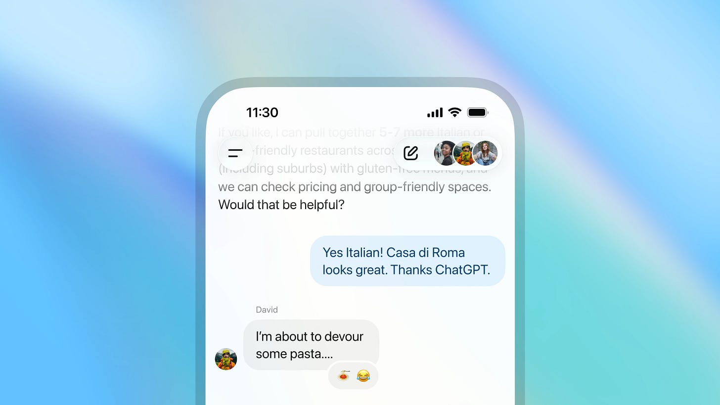 Mobile chat screen showing a group conversation. At the top of the chat, circular profile photos indicate multiple participants. A message reads, ‘Yes Italian! Casa di Roma looks great. Thanks ChatGPT.’ Another participant, David, replies, ‘I’m about to devour some pasta…’ with food and laughing emojis. Soft blue and purple gradient background.” Mobile chat screen showing a group conversation. At the top of the chat, circular profile photos indicate multiple participants. A message reads, ‘Yes Italian! Casa di Roma looks great. Thanks ChatGPT.’ Another participant, David, replies, ‘I’m about to devour some pasta…’ with food and laughing emojis. Soft blue and purple gradient background.”