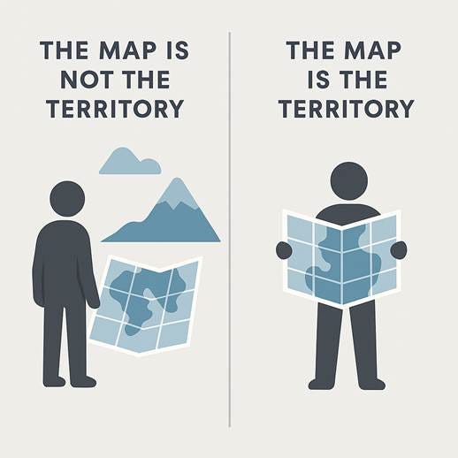 Create a visual diagram contrasting the impact of assuming "the map is not the territory" versus "the map is the territory" on modern complex societies.
