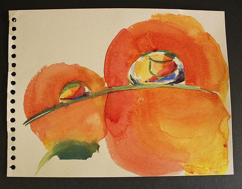 Close-up photo of three water droplets on a blade of grass with bright orange background, used for watercolor reference. | Watercolor practice sheets with variegated washes in red, orange, and yellow tones exploring blending techniques. | Watercolor painting of two large orange washes with bright water droplets reflecting rainbow colors on a green blade of grass.