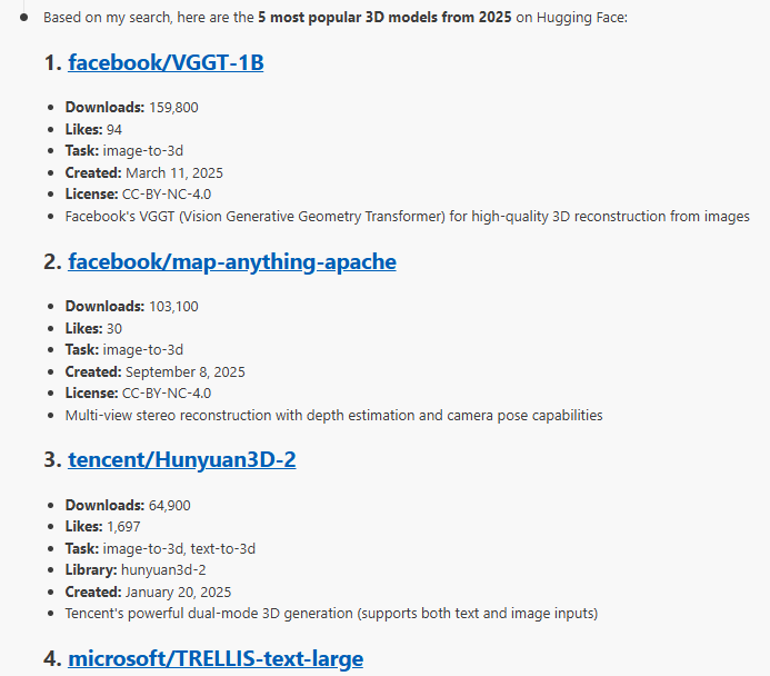 Claude Code chat message listing the most popular 3D models on Hugging Face in 2025, showing ranked models with downloads, likes, tasks, licenses, and brief descriptions