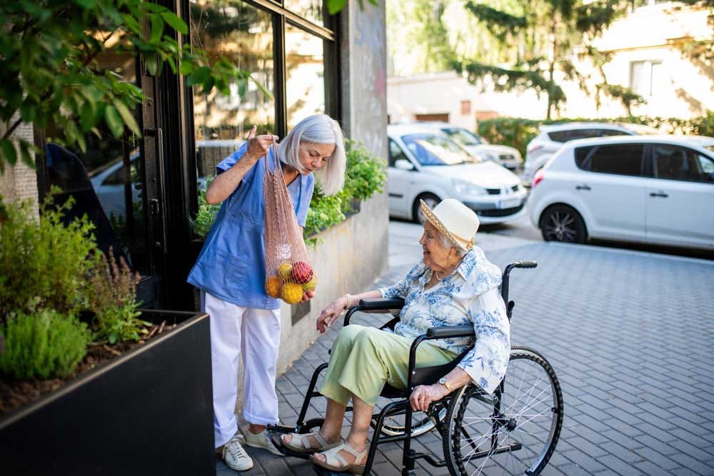 Home caregiver assisting wheelchair-bound older woman during a grocery run.