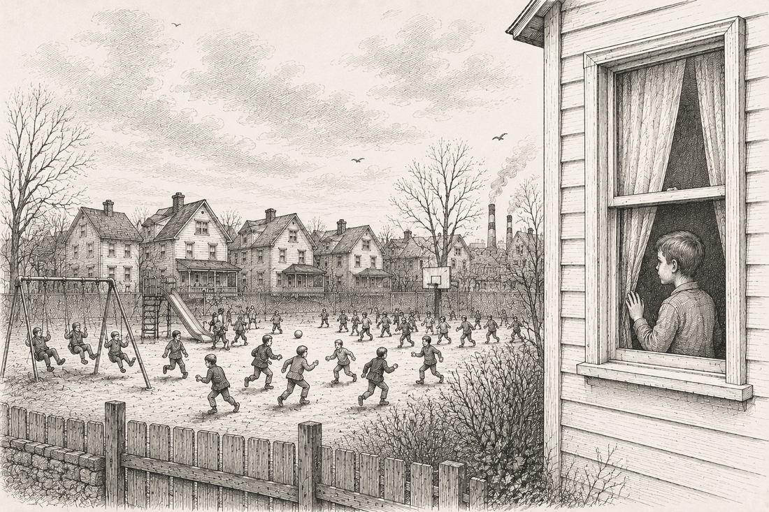 A boy watches through a window as many other children play together on a schoolyard, on swings, a slide, and a soccer game, on the other side of a fence.
