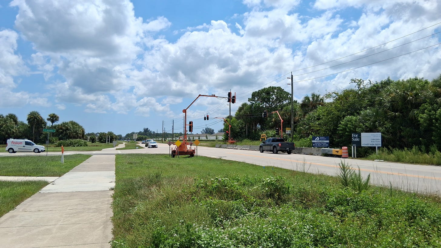 Looking east at the intersection where St. Johns Heritage Parkway currently ends at Malabar Road. Palm Bay, Florida, 2026