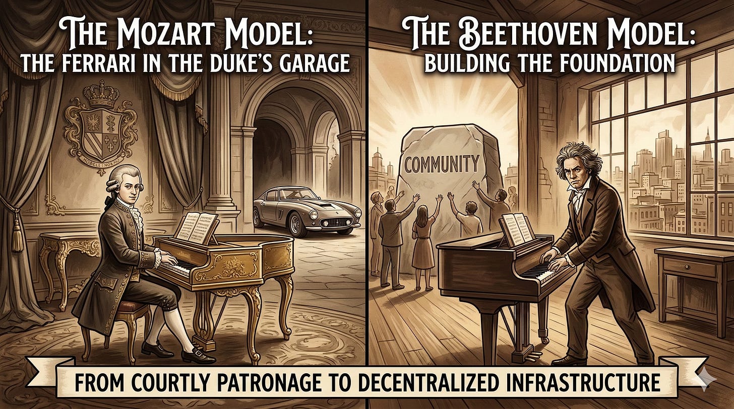 Horizontal sepia graphic contrasting "THE MOZART MODEL" on the left—Mozart in a restricted palace, labeled "FERRARI IN THE DUKE'S GARAGE"—and "THE BEETHOVEN MODEL" on the right—Beethoven in an open, urban studio, labeled "BUILDING THE FOUNDATION" and next to a "COMMUNITY" stone. Lower banner says "FROM COURTLY PATRONAGE TO DECENTRALIZED INFRASTRUCTURE."
