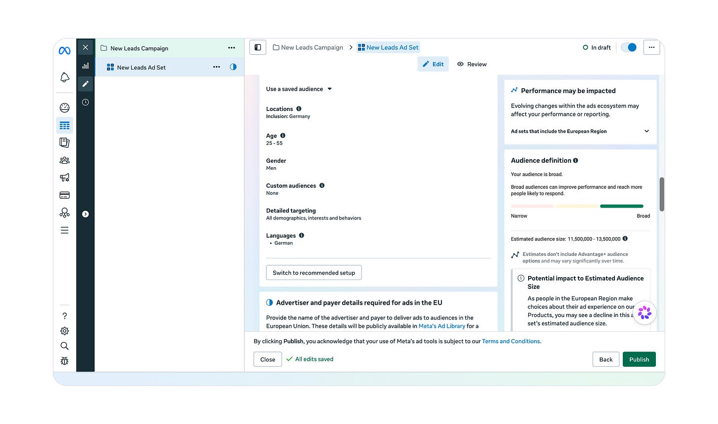 Manual audience controls in the Meta ads manager, locking in Germany, age 25-55, men and German language.