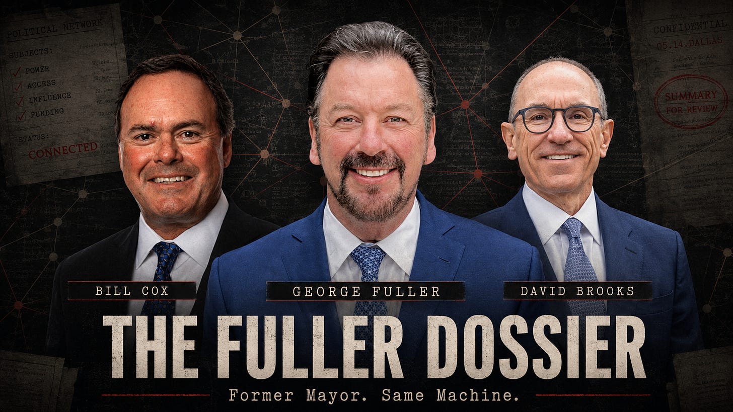 George Fuller, Bill Cox, and David Brooks in The Fuller Dossier examining McKinney’s political and development network. George Fuller, Bill Cox, and David Brooks in The Fuller Dossier examining McKinney’s political and development network.
