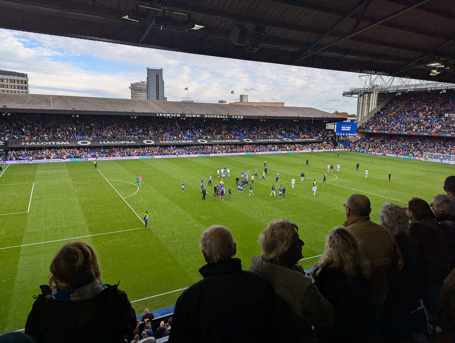Picture at full-time from my seat in the West Stand, the two teams are shaking hands