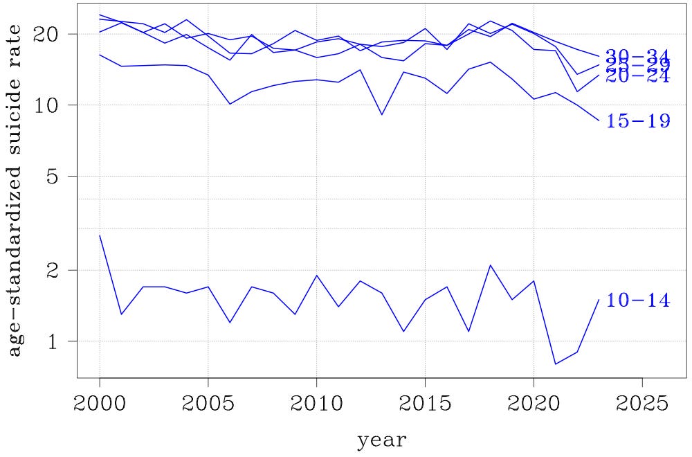 suicide rates among Canadian boys and men, by age bracket