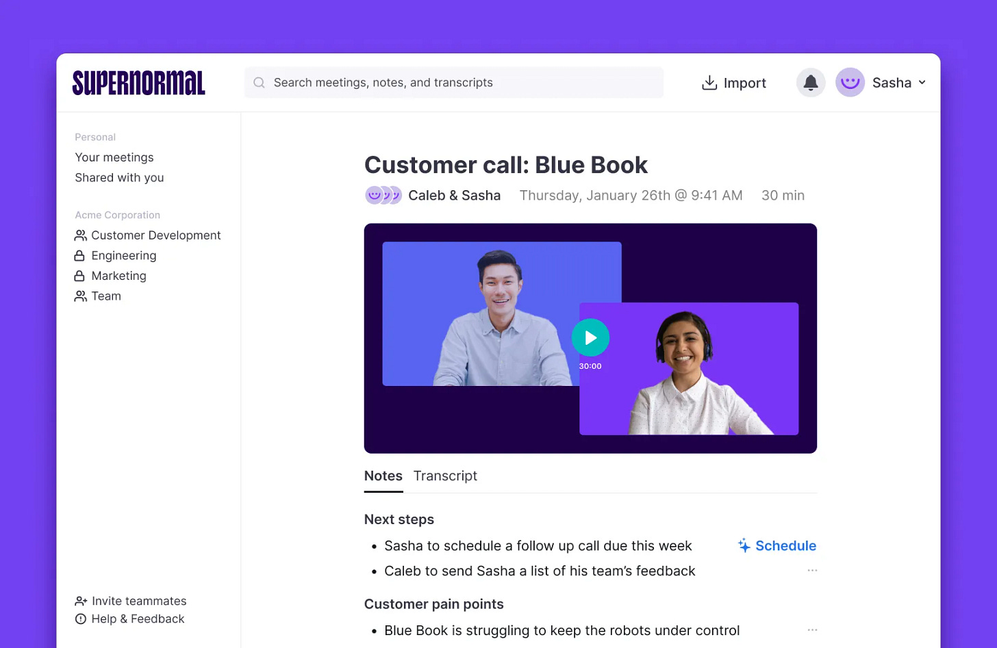 An image of an example meeting with a video recording and AI-generated notes on Supernormal.com