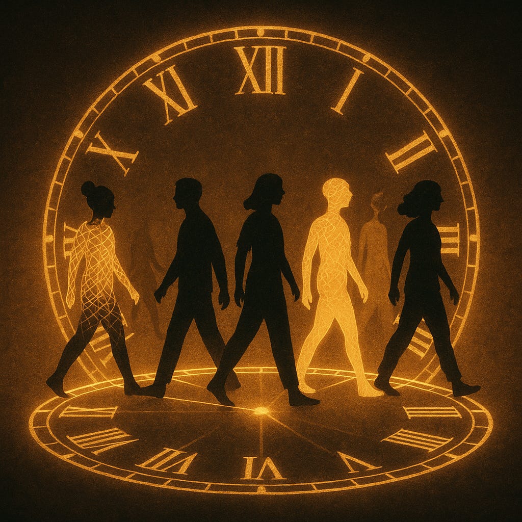 Warm, amber illustration of a giant Roman-numeral clock. Five human figures walk across its face; two glow with a mesh-like inner light while three appear as dark silhouettes. Fainter figures trail in the background, suggesting people being kept in sync with a single, shared tempo.