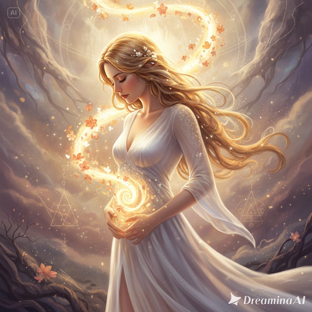 beautiful woman holding a hand over her womb space