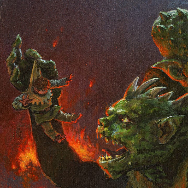 LEFT: Detail from HOBBIT IN A PINCH featuring William the troll holding up a surprised Bilbo Baggins by the back of his tunic. Bilbo's head swings forward with the motion of being jerked upward. He throws his arms out to stop. His legs fly out from under him. A fire blazes behind the troll's arm. Rendered in profile, it's eyes are fixed on the hobbit and its mouth is open as if speaking. RIGHT: Detail from HOBBIT IN A PINCH featuring the three trolls with focus on Bert and Tom in the background. One points a thumb at the "pinched" hobbit and appears to be explaining to the other whose eyes are lit with orange from the fire. Overhead, the cloud cover breaks to reveal the full moon.