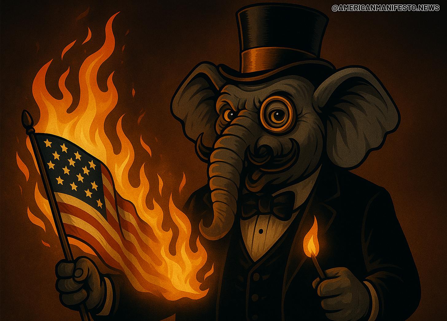 Caricature of an anthropomorphic elephant in a tuxedo, top hat, and monocle holding a lit match and a burning American flag against a dark, vintage political-cartoon–style background.