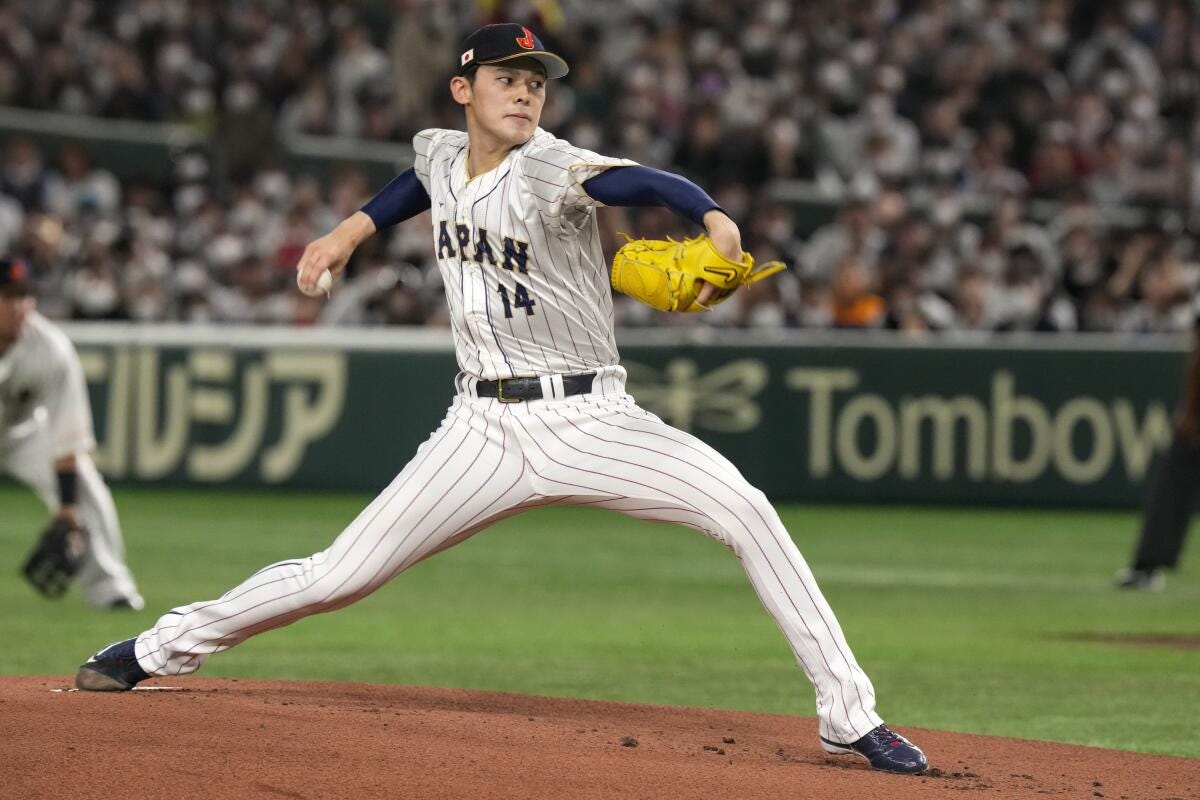 Roki Sasaki of Japan pitches during their Pool B game against the Czech Republic.
