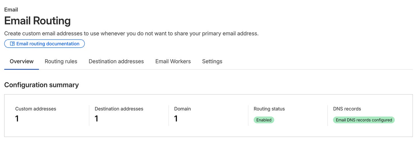 Cloudflare configuration summary panel for Email Routing