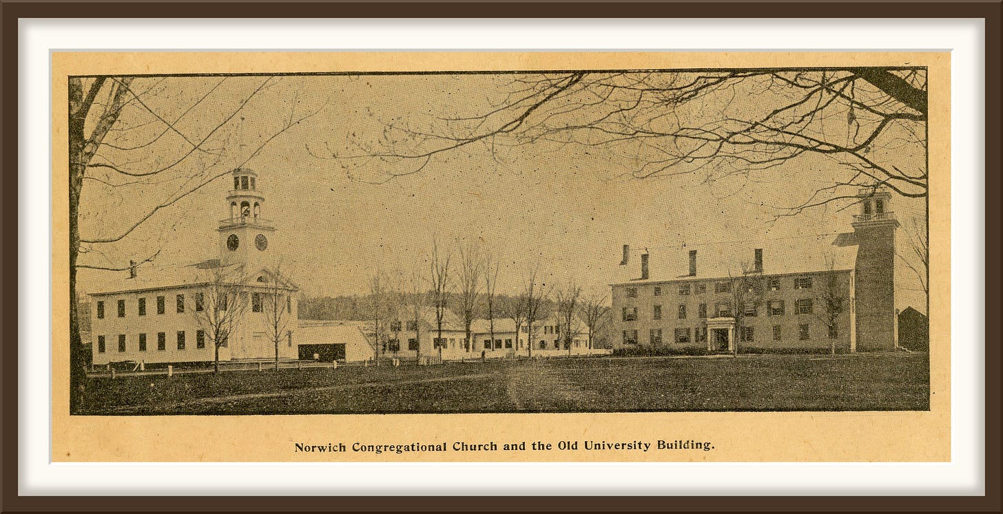 The Norwich green about 1895, the Congregational church at left and the North Barracks at right