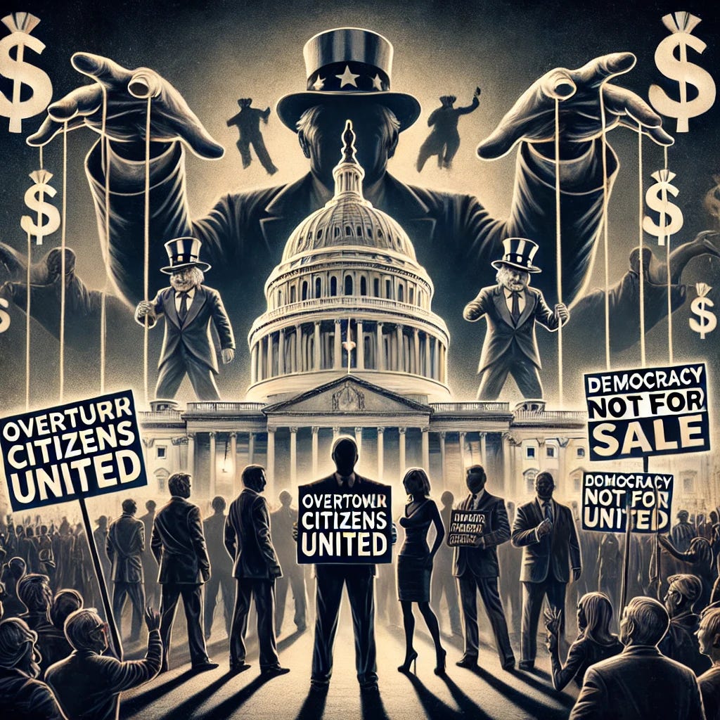 A powerful and dramatic illustration of American citizens from all political backgrounds—progressives, conservatives, and independents—united in protest against dark money in politics. The crowd holds signs that read 'Overturn Citizens United' and 'Democracy Not For Sale.' Behind them, a massive Capitol building looms, shadowed by ominous dollar signs and corporate figures in suits pulling puppet strings. The atmosphere is charged with urgency, symbolizing a movement to reclaim democracy for the people.