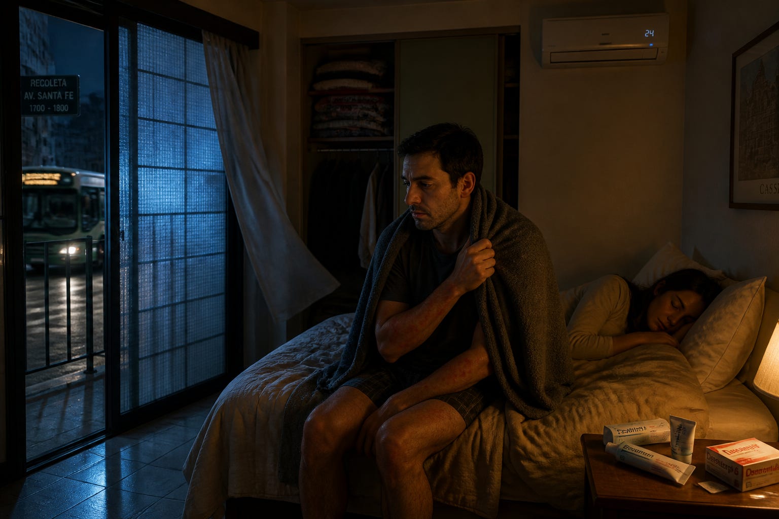 Night in a Buenos Aires apartment: thin patio door, cold draft, and an eczema flare. Night in a Buenos Aires apartment: thin patio door, cold draft, and an eczema flare.
