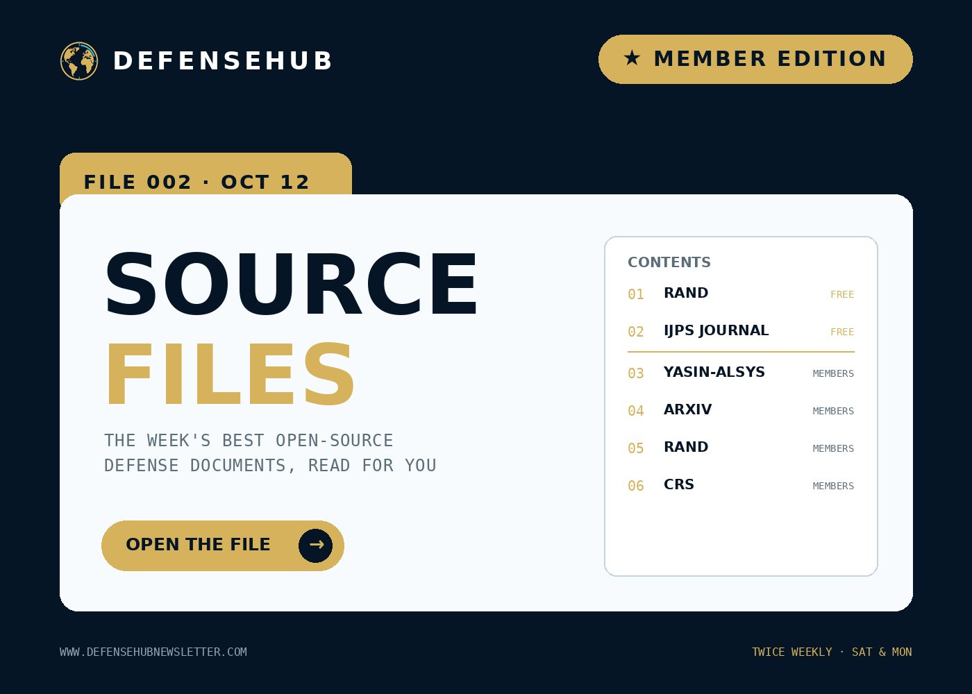 Source Files 002 cover: a file folder tab reading File 002, October 12, with a contents list of 6 documents, two marked free and 4 for members.