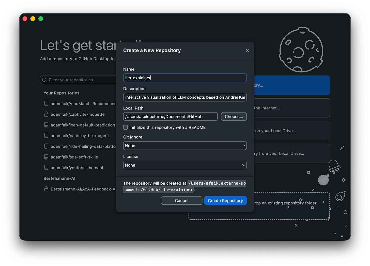 GitHub Desktop "Create a New Repository" window showing the name "llm-explainer" being typed and the local path selected.