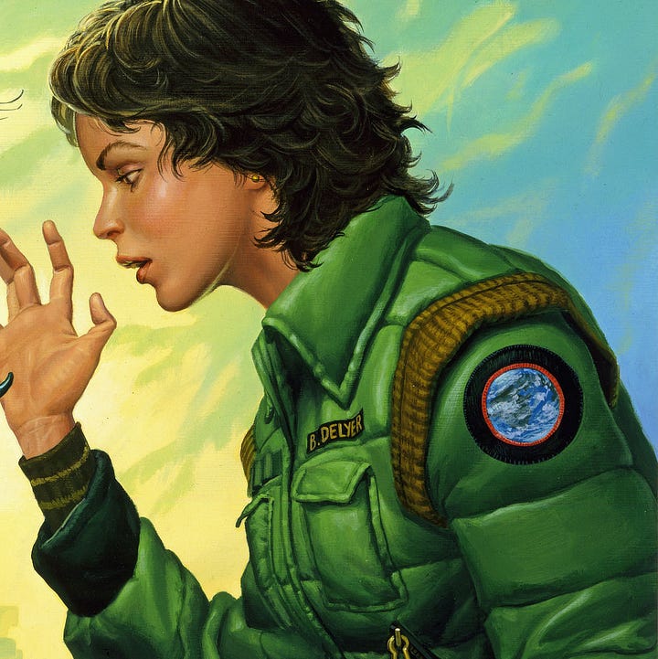 LEFT: Close detail from NOR CRYSTAL TEARS featuring the mantis-like alien with large compound eye. Its green carapace is spotted with yellow. Its antennae have wispy threads fanning at the ends.  RIGHT: Close detail from NOR CRYSTAL TEARS featuring the human female wearing a green puffer jacket with a patch of the cloudy planet Earth on the shoulder. The name on her jacket reads B. Delyer.